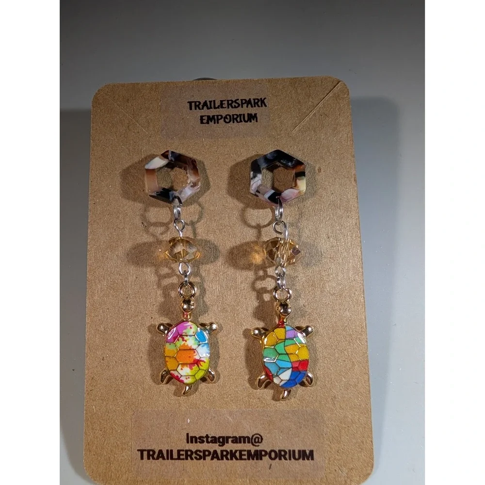 Trailerspark Emporium Multicolor Turtle Drop Earrings Nickel Free Stained Glass